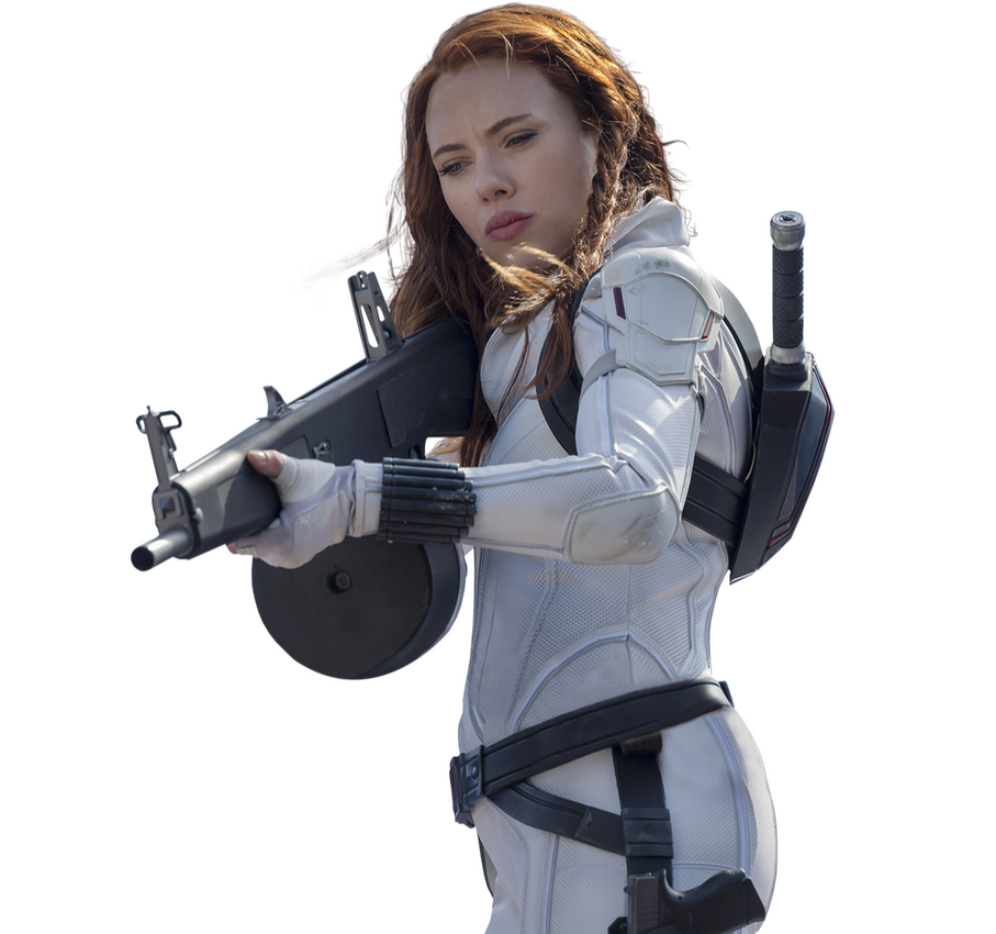 Black Widow in her white suit, holding a gun