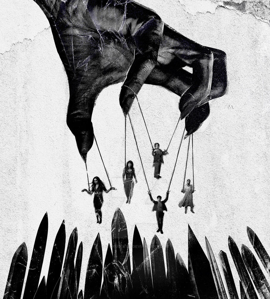 the witches hanging from strings above swords